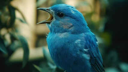 Poster - A blue bird sits on a branch with its mouth open, possibly singing or preparing to take flight