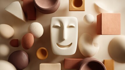 Poster - Smiling Clay Face Surrounded by Floating Abstract Shapes in a Minimal Space Showcasing Creativity and Playfulness