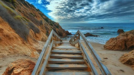 Poster - Steps leading down to the beach, surrounded by lush greenery