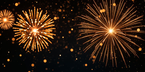 Poster - Illustration of golden fireworks exploding against a dark night sky with sparkling particles, creating a festive and celebratory atmosphere with bright, radiant bursts of light for graphic resources.