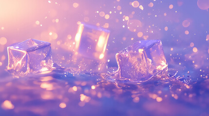 Poster - Abstract image of ice cubes splashing in water with purple and gold lighting, creating a refreshing and visually striking scene with a focus on texture and color for graphic resources.