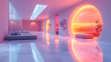 Poster - Modern interior with curved walls, circular windows, and soft lighting, creating a futuristic and serene space with a focus on minimalist design and natural beauty for architecture.