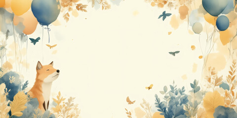 Poster - An illustration of a fox surrounded by balloons, flowers, and birds, creating a festive and nature-themed background with a focus on celebration and joy for graphic resources.