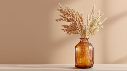Poster - Dried grass arrangement in a brown glass vase on a light wooden table against a soft beige background