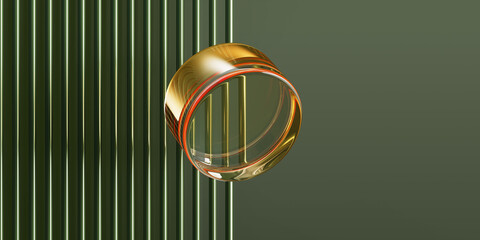 Poster - Gold glass circle on green line wall background. Luxury 3d wallpaper with golden crystal ring, geometric shape of glossy transparent puck or coin. Premium banner with empty space. 3D illustration