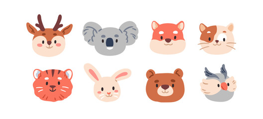 Poster - Cute animal faces set. Happy kids characters, cub heads. Smiling cat, bunny, bear, owl, kawaii tiger and deer portraits, avatars, user profiles. Flat vector illustration isolated on white background