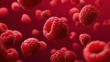 Fresh raspberries floating in mid-air against a clean red background, minimalist composition with simple negative space for natural food or healthy lifestyle concepts
