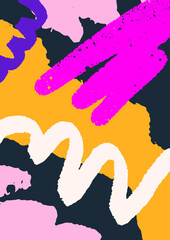 Poster - Abstract poster design in modern style. Bold paint brushstrokes, funky texture with colored doodles, scribbles pattern. Wall art, trendy contemporary card background. Flat vector illustration