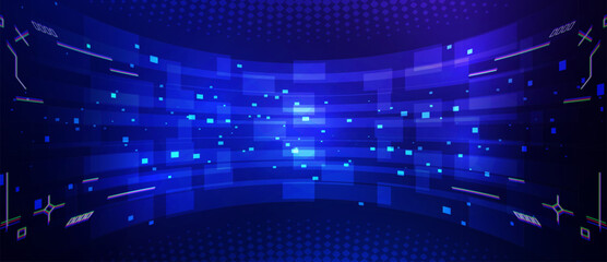 Abstract blue digital background with glowing pixels and geometric elements