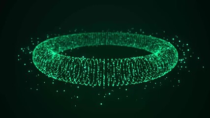 Poster - Futuristic dynamic wireframe torus on green background. The flow of scientific data. Futuristic digital technology. 3D rendering.
