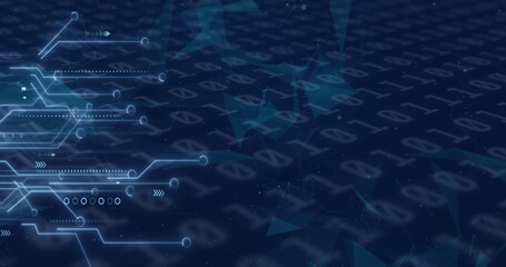 Poster - Displaying circuit graphic on left, with glowing pathways, nodes, binary mesh, speckles, copy space