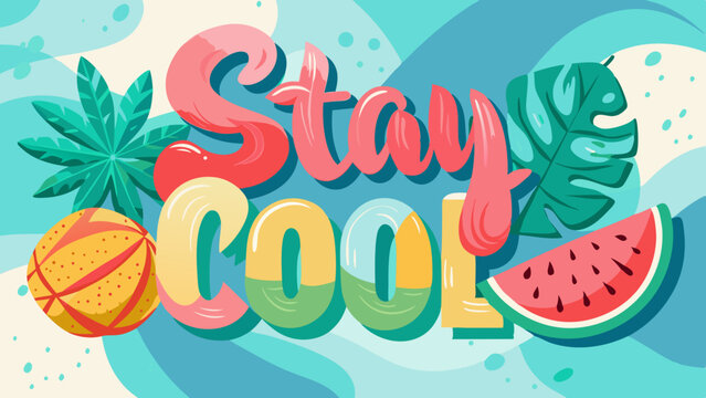 Stay cool summer themed design featuring watermelon palm leaves and a stylized beach ball illustration
