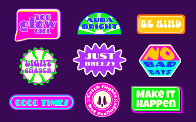 Poster - Y2k sticker shape collection on purple background - bright neon badges with motivational text in retro geometric forms. Vibrant 2000s aesthetic labels for nostalgic digital designs and scrapbooking.