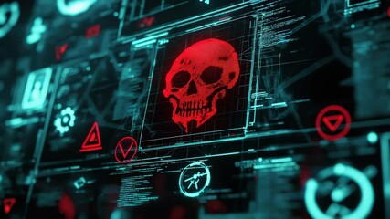 Poster - A red digital skull appears on a computer interface, symbolizing a cybersecurity threat or hacking danger.