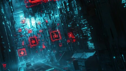 Poster - A futuristic digital environment with glowing red padlock icons symbolizing cybersecurity and data protection.