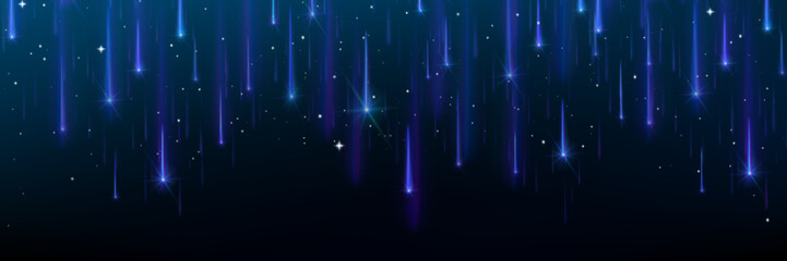 Wall Mural - meteor shower background with blue shooting stars falling through night sky - cosmic light trails an