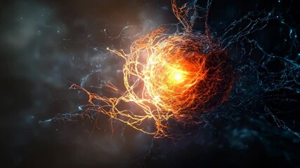Poster - A glowing neuron-like structure with interwoven blue and orange fibers radiates energy in a dark, abstract background.