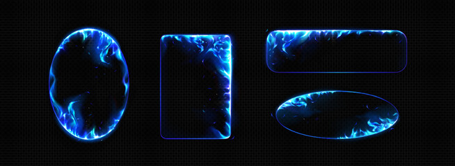 Poster - Blue flame frame set - glowing energy borders with plasma fire effect on black. Oval and rectangle shapes with magical light edges for futuristic UI, gaming interface or sci fi design elements.