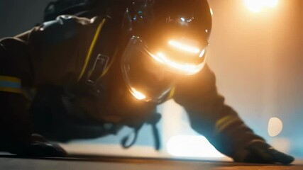 Poster - Astronaut in a futuristic suit and helmet with glowing lights crawls on the surface of an alien planet during a daring exploration mission