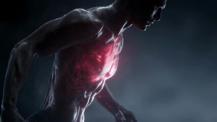 Poster - medical visualization of a muscular male torso showing the circulatory system glowing red, possibly 