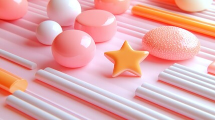 Poster - Pastel shapes and cylinders lie on striped background