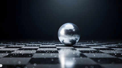 Poster - A reflective disco ball sits on a glossy black-and-white checkered surface, illuminated by soft light with scattered sparkling particles around.