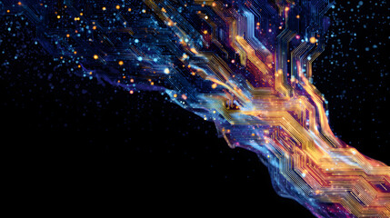 Fototapete - Abstract digital circuit board with glowing pathways and vibrant colors symbolizing data flow and technology innovation.