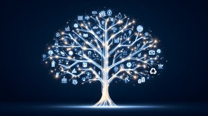 Fototapete - A glowing digital tree with branching circuits and icons representing data, technology, and connectivity on a dark blue background.