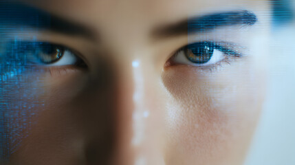 Poster - Close-up of intense human eyes behind a digital, glitchy screen, symbolizing technology and human interaction.