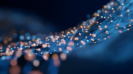 Poster - Abstract digital network of interconnected glowing nodes and lines forming a dynamic, flowing mesh on a dark blue background.