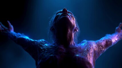 Poster - Futuristic medical visualization of an elderly woman with open arms, undergoing a body scan, her skin glowing with vibrant colors in a meditative pose