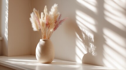 Poster - Decorative dried flowers in a minimalist vase on a sunlit shelf with shadows