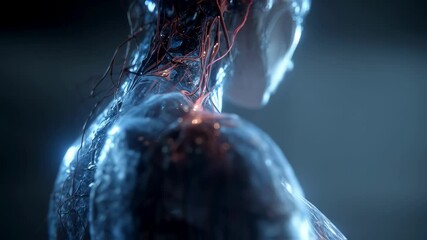 Poster - medical animation shows brain activity and nervous system in transparent human body, visualizing com