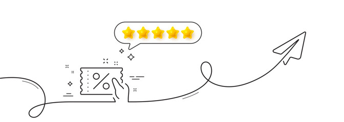 Poster - Discount coupon line icon. Continuous line with share plane. Sale offer sign. Promotion price symbol. Five star rate review in speech bubble. Discount coupon single line ribbon. Vector