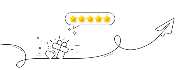 Poster - Love gift line icon. Continuous line with share plane. Heart present sign. Valentine day symbol. Five star rate review in speech bubble. Love gift single line ribbon. Loop curve pattern. Vector