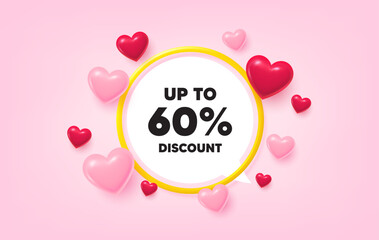 Poster - Discount tag frame banner. Speech bubble offer. Up to 60 percent discount. Sale offer price sign. Special offer symbol. Save 60 percentages. 3d hearts love tag. Golden frame banner. Vector