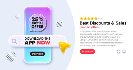 Poster - Discount mobile phone banner. App chat speech bubble. 25 percent discount offer tag. Sale price promo sign. Special offer symbol. Phone template with search bar. Download the app now. Vector