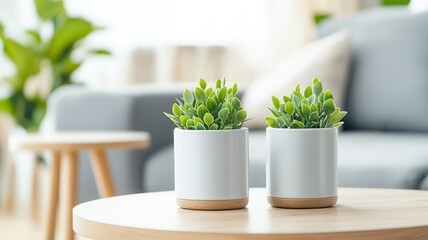 Poster - coffee seedlings nestled in white ceramic planters with wooden stands resting on rustic Green table, bringing botanical warmth to minimalist living space interior