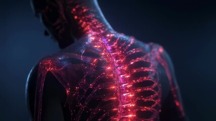 Poster - Medical visualization shows glowing red dermatomes across the back and shoulder of a human body, highlighting the affected areas of the nervous system