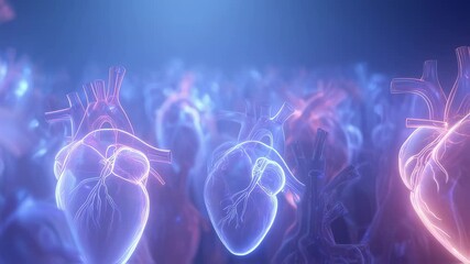 Poster - pulsating translucent human hearts beating rhythmically, representing complex cardiac anatomy agains