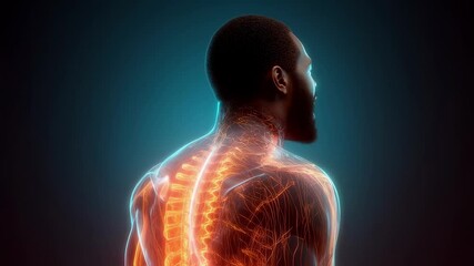 Poster - Medical animation shows a rotating view of a black man laughing, with his ribs and nervous system highlighted and glowing, demonstrating the interconnectedness of the body and emotions