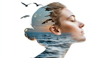 Wall Mural - woman's face is shown in a watercolor style, with birds flying in the background. scene is serene an