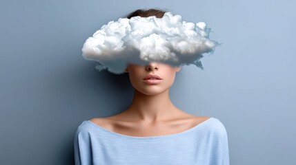 Wall Mural - woman with a cloud on her head. the cloud is white and fluffy. the woman is looking at the camera