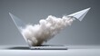 © Trushchenko_O - Laptop is opened to reveal a white paper airplane flying through a cloud of smoke. Concept of creativity and imagination, as the paper airplane represents the idea of flight