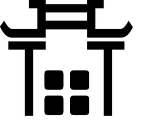 Poster - Illustration of a stylized asian building with a pagoda roof and square windows in black and white