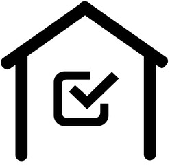 Poster - Black outline of a house with a check mark inside symbolizing property inspection and approval process