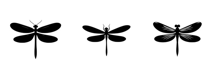 Poster - Black silhouette icons of three distinct dragonflies showcasing various wing positions for design purposes