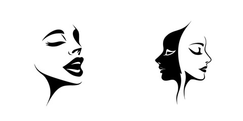 Poster - Elegant black icons representing two stylized female profiles in contrasting designs illustrating beauty and creativity