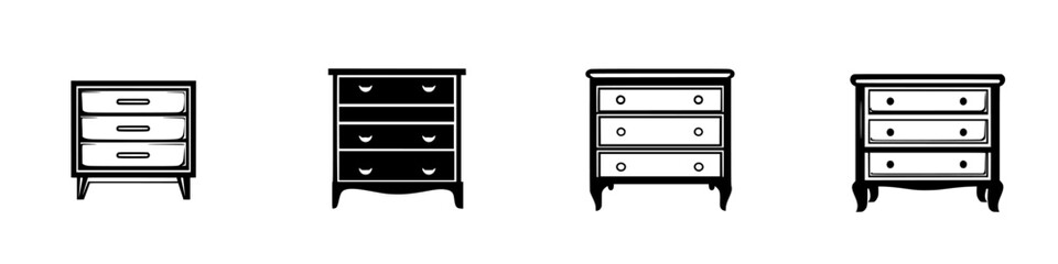 Poster - Collection of black icons depicting various styles of bedside tables in a minimalist design