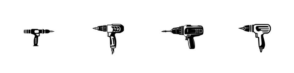 Poster - Black icon set featuring various drill designs for graphic use in tool-related projects and media